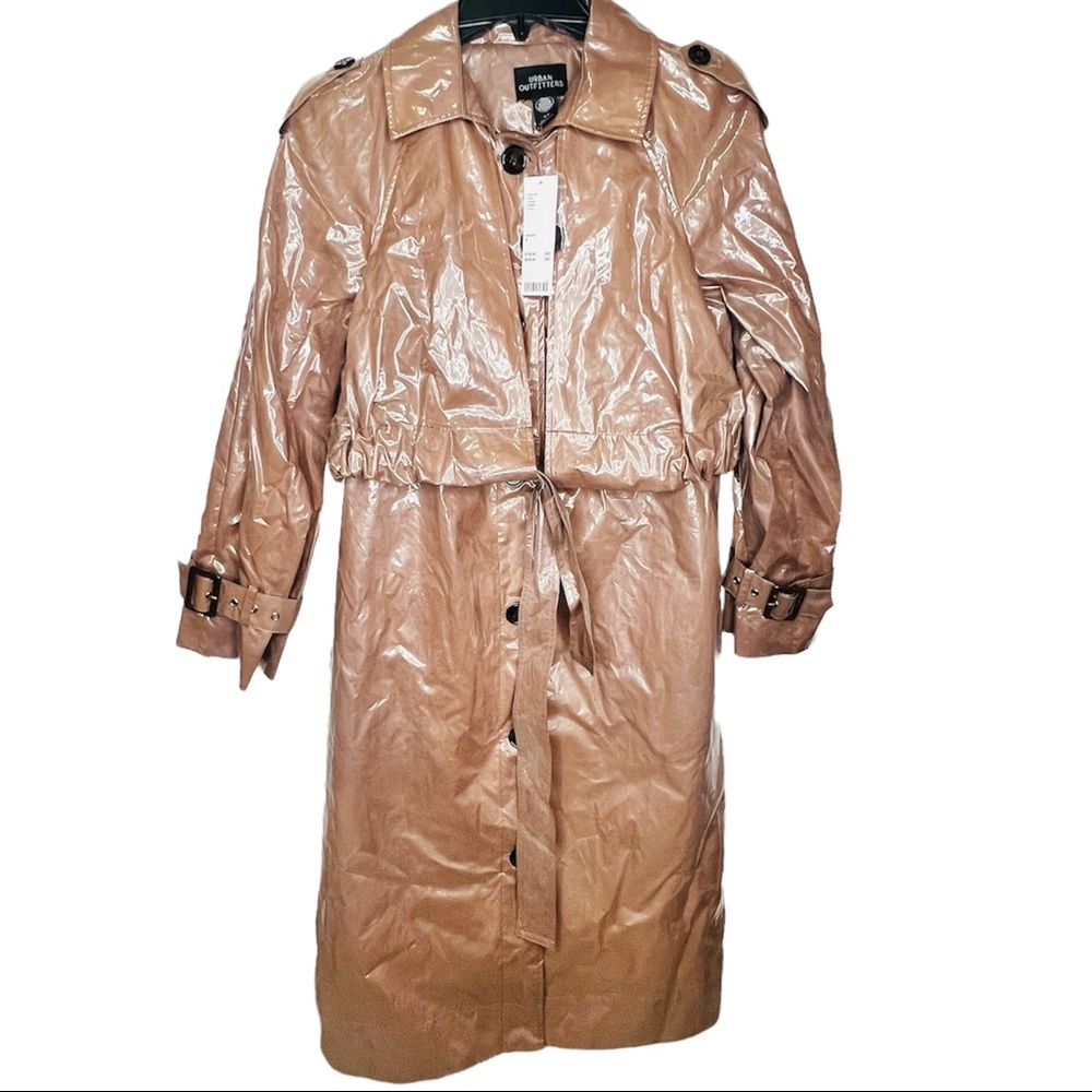 Urban Outfitters Brown PVC Vinyl Belted Women Trench Coat Size: Small